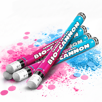 Four bio reveal XL cannons releasing pink and blue biodegradable confetti powder for gender reveal celebrations.