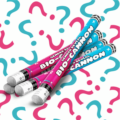 Four gender reveal XL bio cannons in blue and pink with question mark background for celebration parties