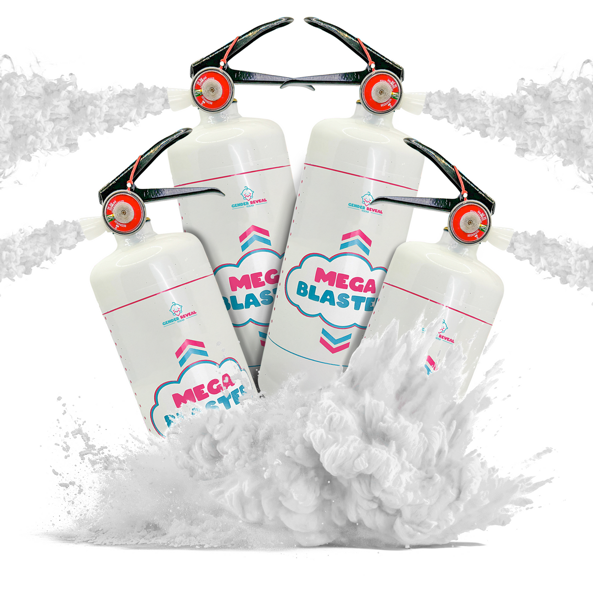 Quad Gender Reveal MEGA Powder Blaster extinguishers releasing dense white powder clouds in a dynamic arrangement.