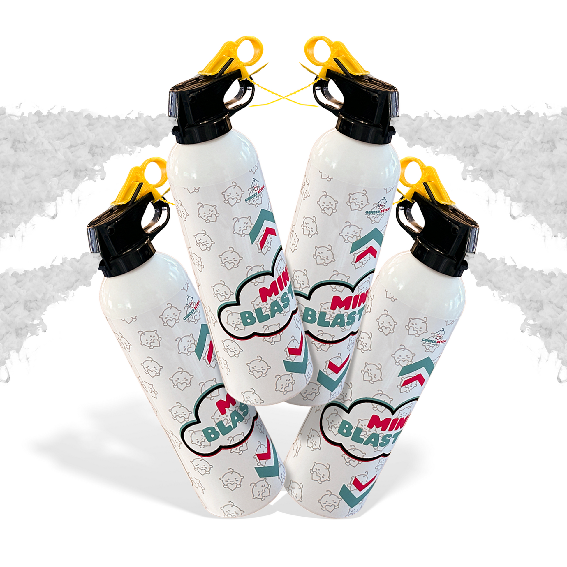 Gender Reveal Powder Extinguisher Bundle with four mini powder blasters releasing vibrant colored powder.