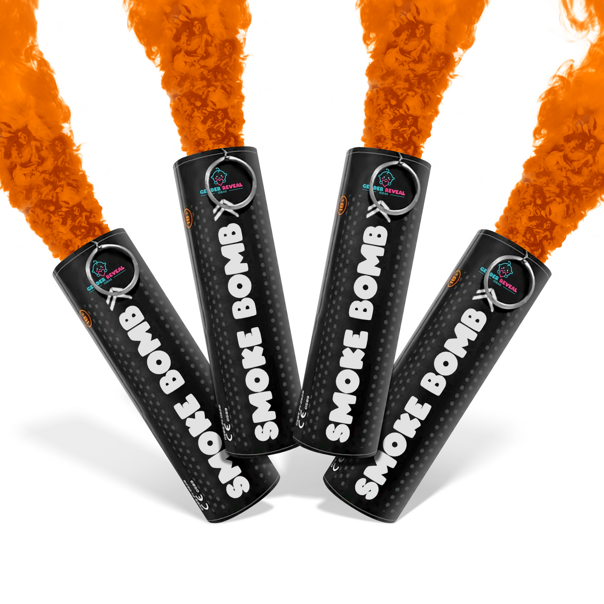 Bundle Pack Extreme Gender Reveal Smoke Bomb with four black canisters emitting vibrant orange smoke.