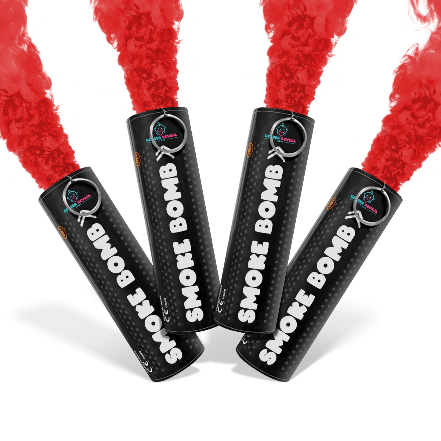 Bundle Pack Extreme Gender Reveal Smoke Bomb with four black canisters emitting vibrant red smoke for celebrations.