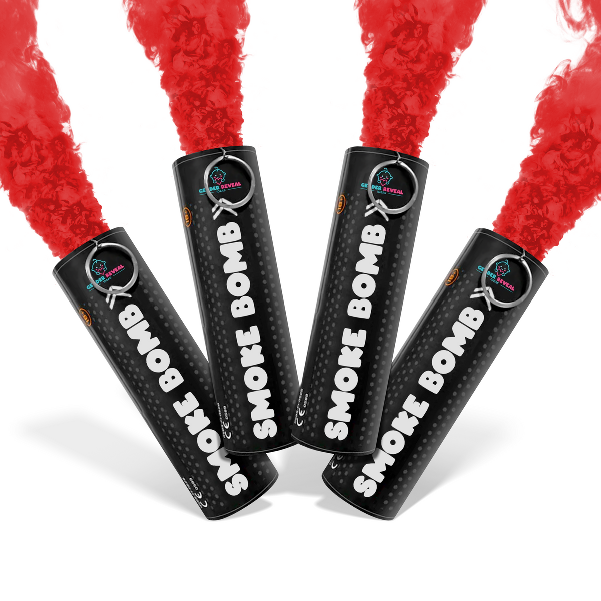 Bundle Pack Extreme Gender Reveal Smoke Bomb with four black canisters emitting vibrant red smoke for celebrations.