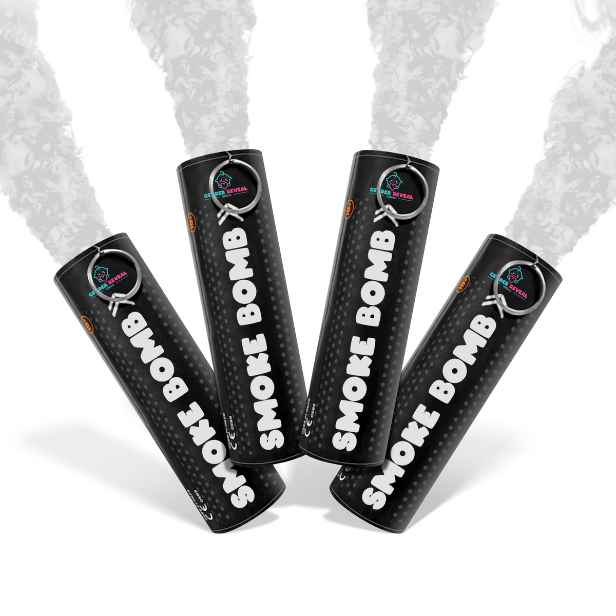 Bundle Pack Extreme Gender Reveal Smoke Bomb showing four black smoke bombs emitting thick white smoke.