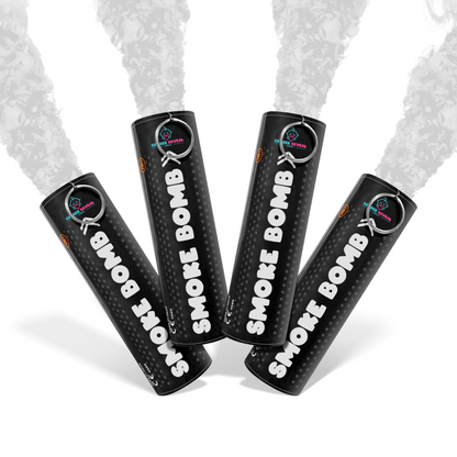 Bundle Pack Extreme Gender Reveal Smoke Bomb showing four black smoke bombs emitting thick white smoke.