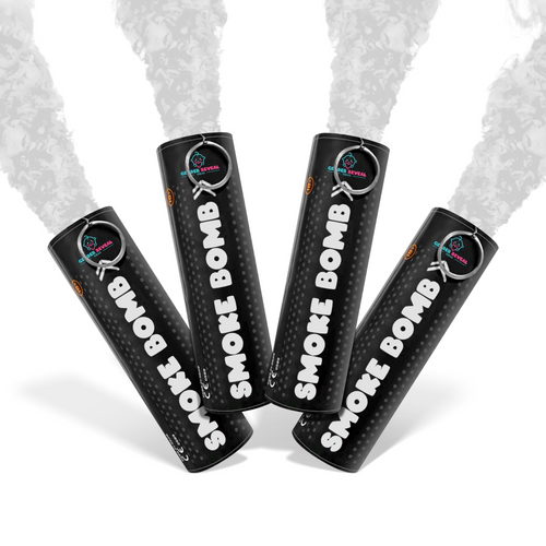 Bundle Pack Extreme Gender Reveal Smoke Bomb showing four black smoke bombs emitting thick white smoke.