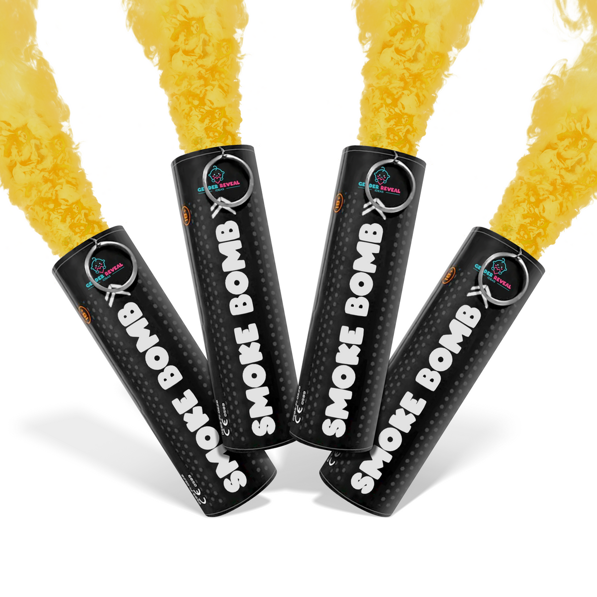 Bundle Pack Extreme Gender Reveal Smoke Bomb with yellow smoke emitting from four black canisters for large smoke display.