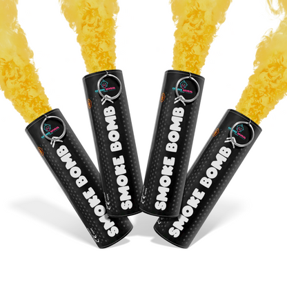 Bundle Pack Extreme Gender Reveal Smoke Bomb with yellow smoke emitting from four black canisters for large smoke display.