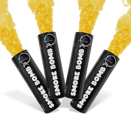 Bundle Pack Extreme Gender Reveal Smoke Bomb with yellow smoke emitting from four black canisters for large smoke display.