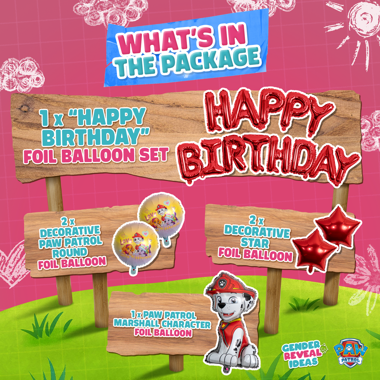 Paw Patrol Birthday Foil Balloon Set featuring Happy Birthday text balloons, decorative star foil balloons, and Marshall character balloon displayed on wooden signposts against a pink background with cloud details. Product package contents infographic showing balloon quantities.