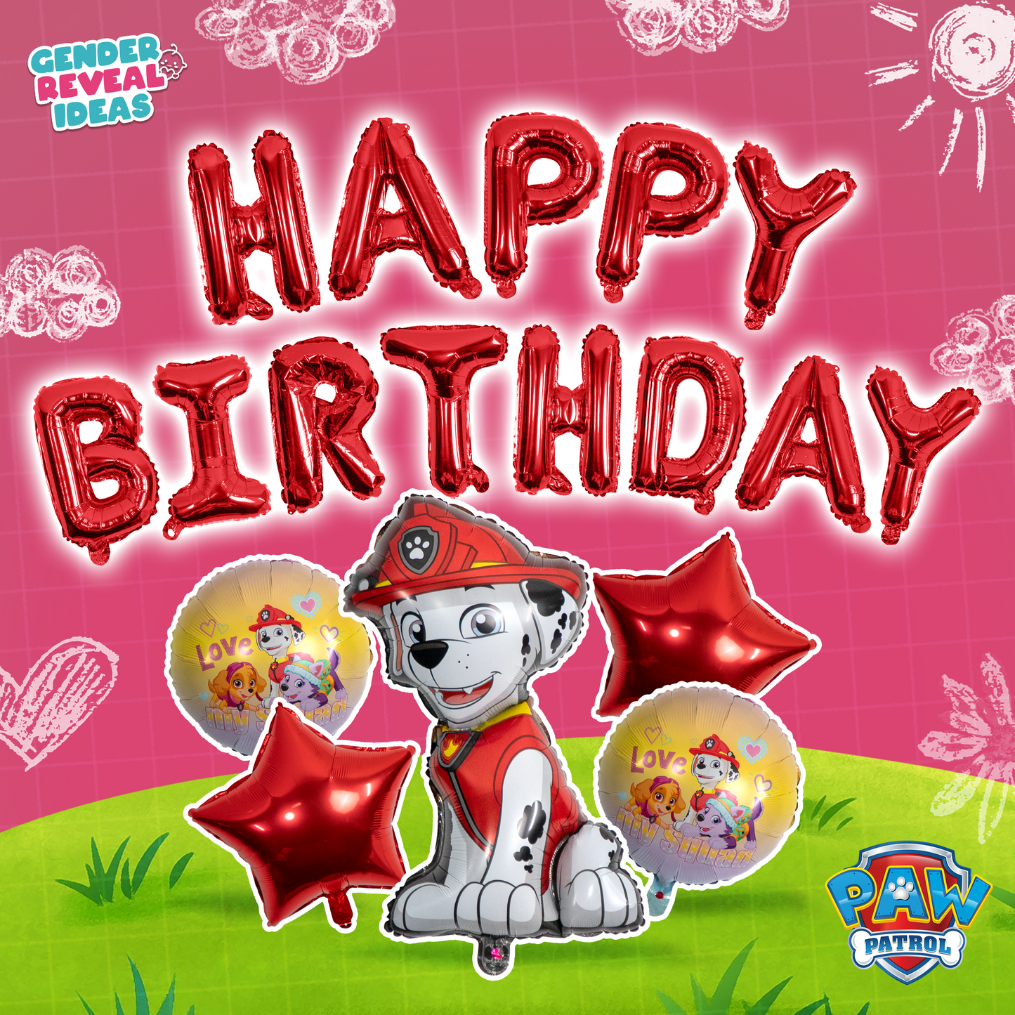 Paw Patrol Birthday Foil Balloon Set featuring Marshall with red metallic HAPPY BIRTHDAY lettering, sitting against a pink background with star-shaped balloons and character print round balloons, perfect for children's party decoration