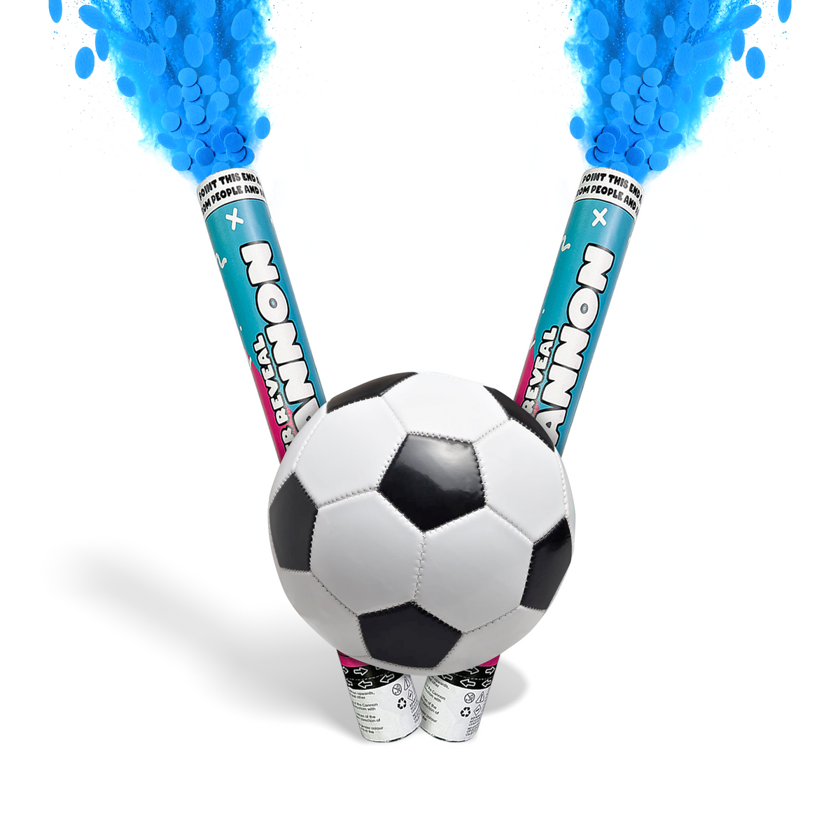 Gender Reveal Soccer & Cannon Bundle with soccer ball and two blue smoke cannons on white background