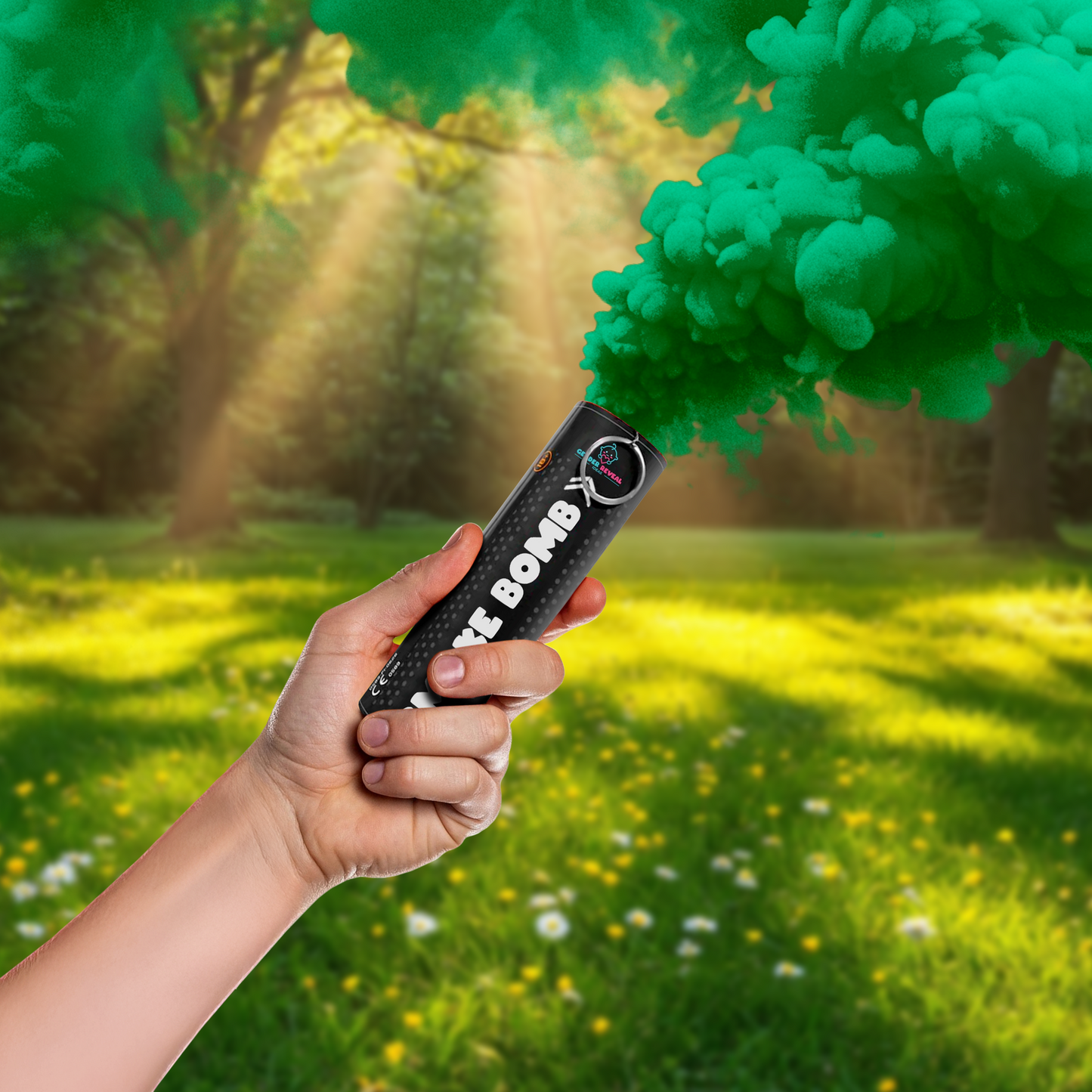 Hand holding Gender Reveal Smoke Bombs emitting green smoke in a sunlit outdoor setting.