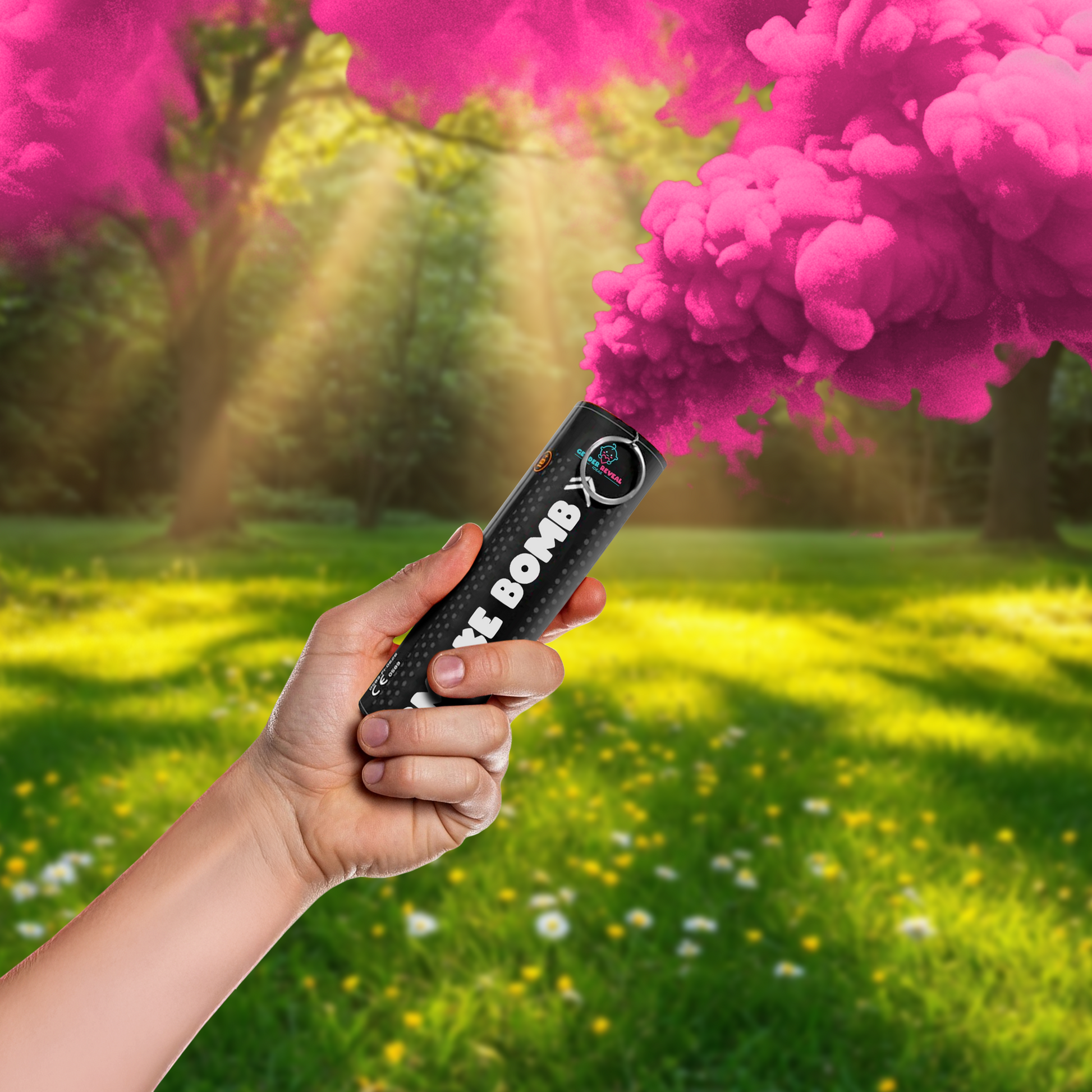 Hand holding a Gender Reveal Smoke Bomb releasing vibrant pink smoke in a sunlit outdoor setting.