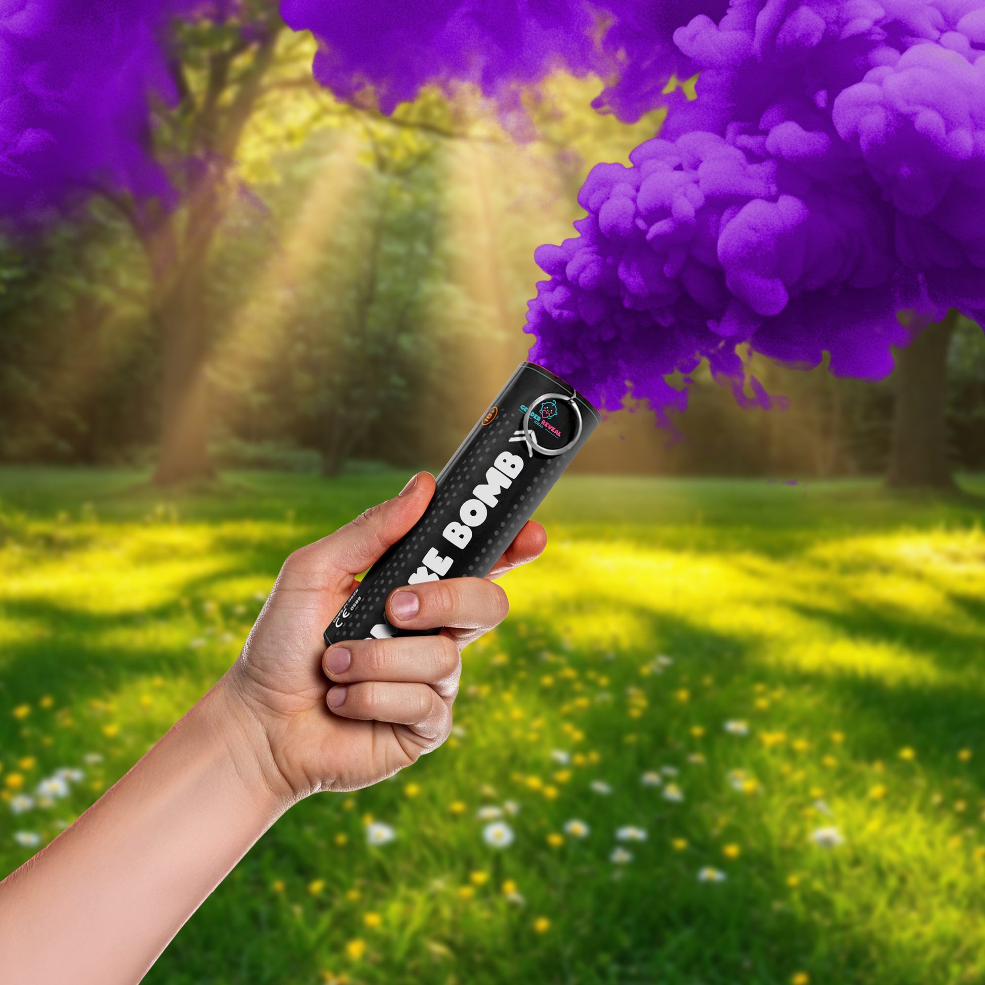 Hand holding a Gender Reveal Smoke Bomb releasing vibrant purple smoke in a sunlit outdoor grassy area.