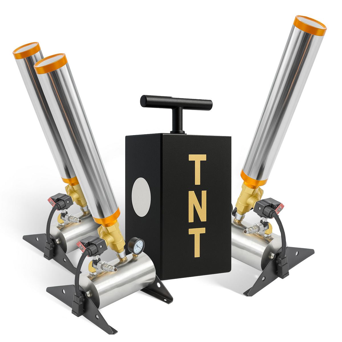 TNT gender reveal kit with black box and four silver powder cannons for explosive party celebrations