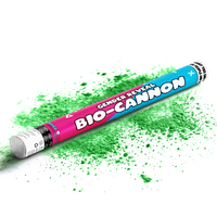 Gender reveal bio-cannon releasing green powder for party celebrations on a white background