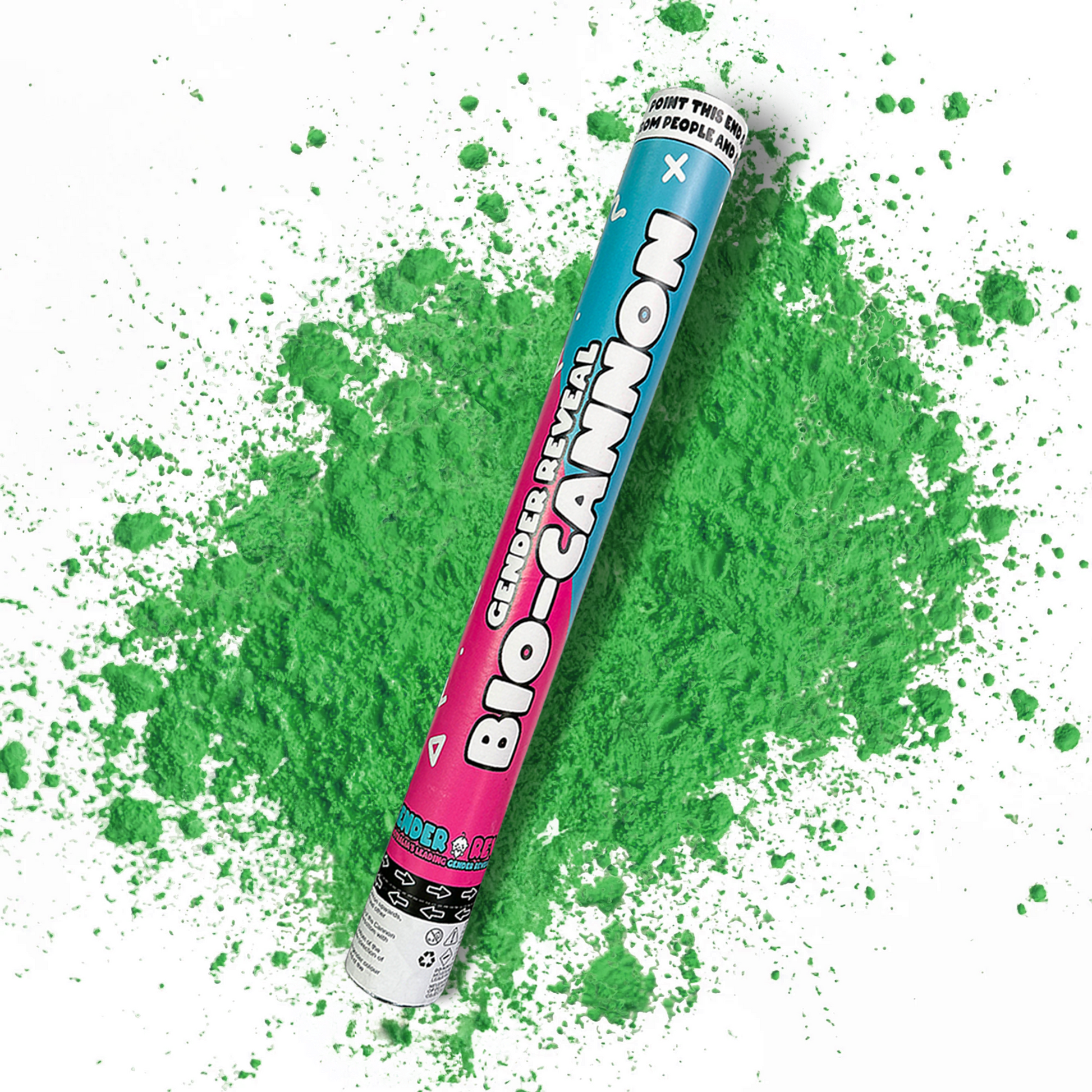 Green Party Celebration Powder Cannon XL 50cm with green powder on white background for gender reveals and celebrations