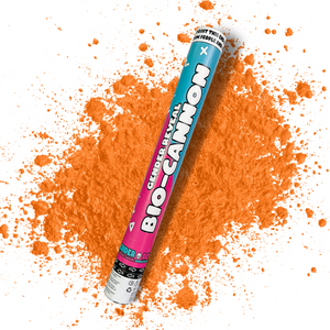 Orange Party Celebration Powder Cannon XL 50cm with bright orange powder burst for gender reveal and celebrations.