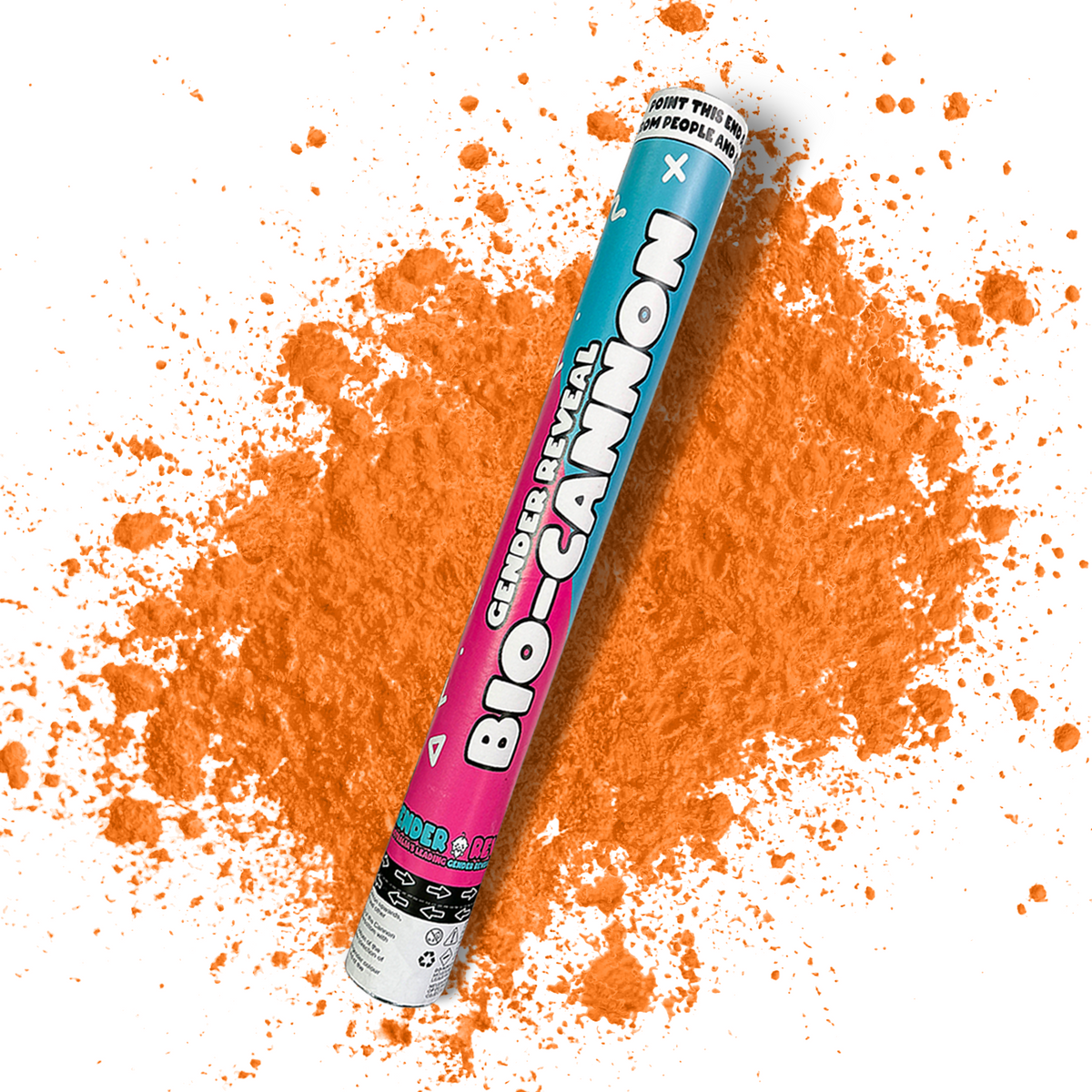 Orange Party Celebration Powder Cannon XL 50cm with bright orange powder burst for gender reveal and celebrations.