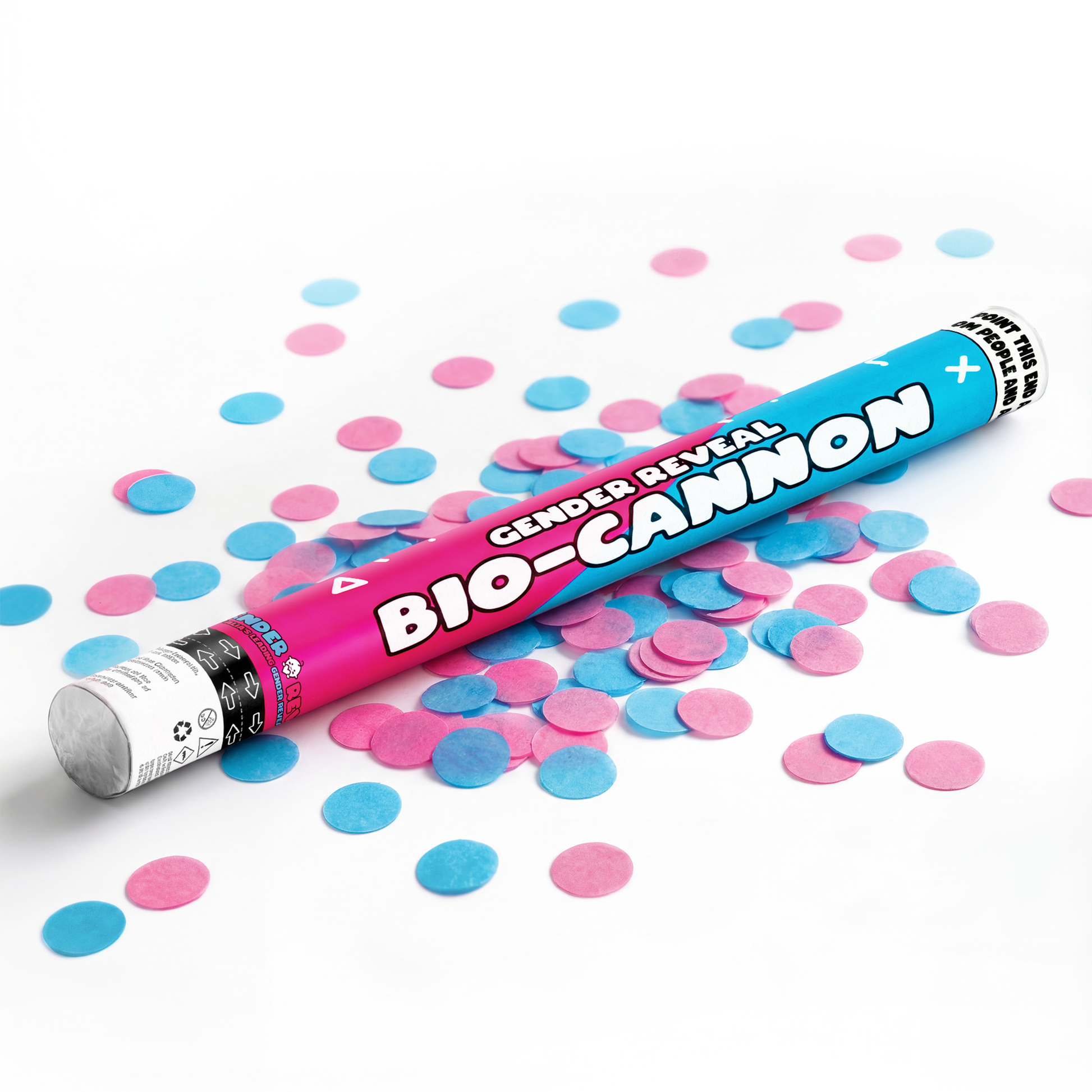 Gender Reveal Confetti Cannon XL with pink and blue confetti scattered on white background for gender reveal parties