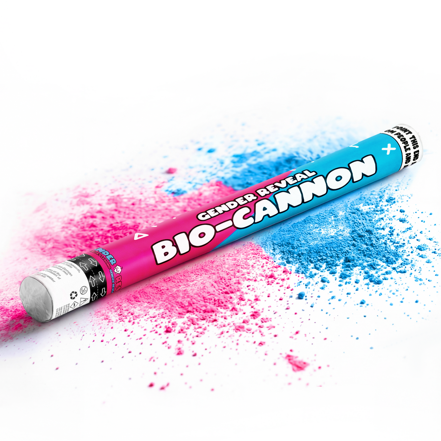Gender reveal bio-cannon releasing pink and blue powder for celebration with vibrant colored blast on white background
