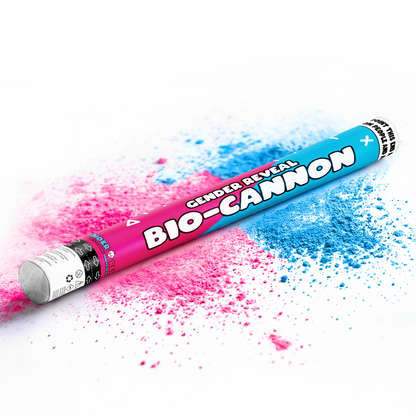 Gender reveal bio-cannon releasing pink and blue powder for celebration with vibrant colored blast on white background