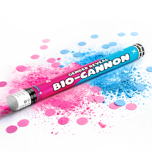 Gender reveal bio-cannon releasing pink and blue powder and confetti for gender reveal celebrations on white background