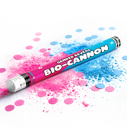 Gender reveal bio-cannon releasing pink and blue powder and confetti for gender reveal celebrations on white background