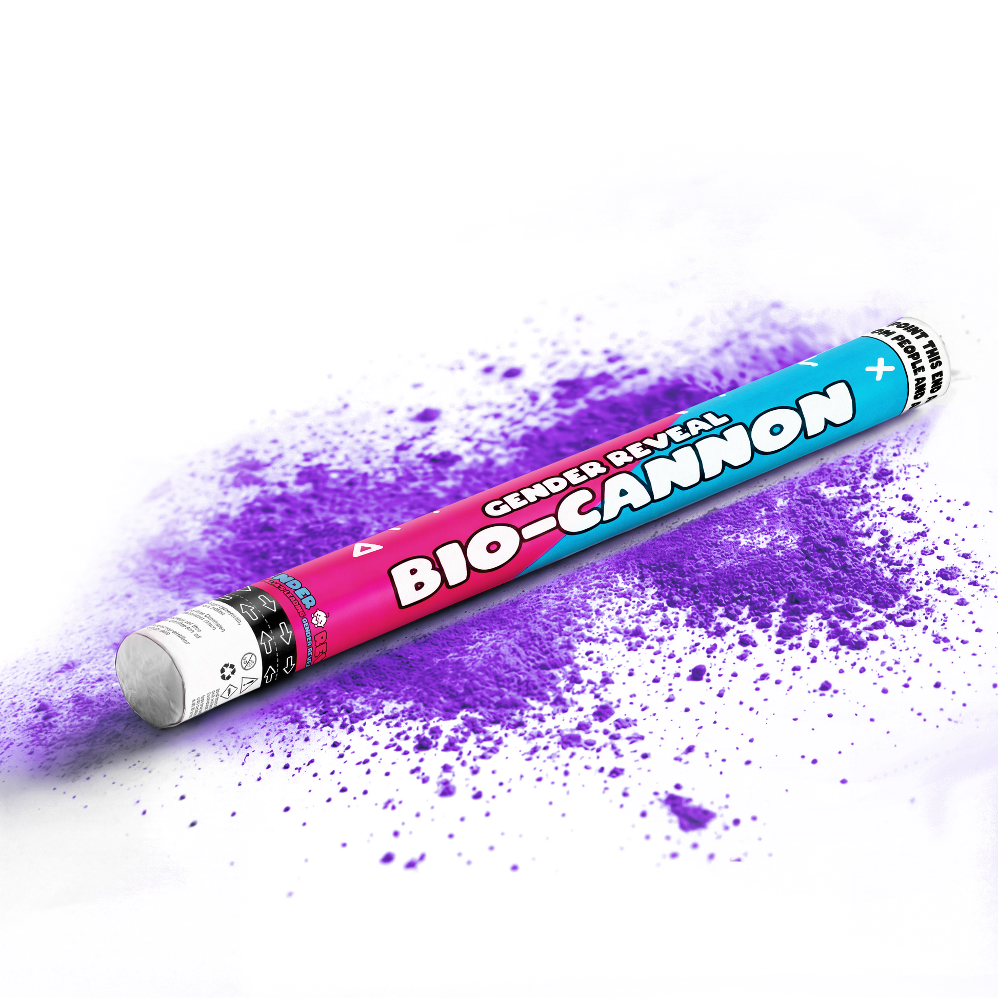 Purple powder gender reveal bio-cannon XL 50cm with pink and blue label releasing vibrant purple powder burst