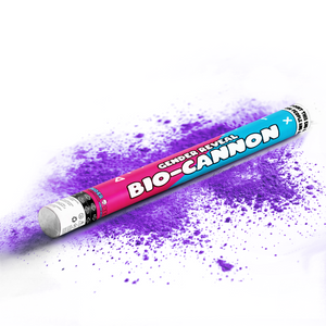 Purple powder gender reveal bio-cannon XL 50cm with pink and blue label releasing vibrant purple powder burst