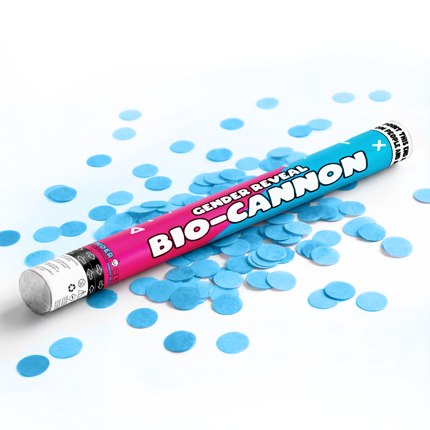 Gender reveal confetti cannon XL 50cm with blue confetti pieces scattered on white background for celebrations