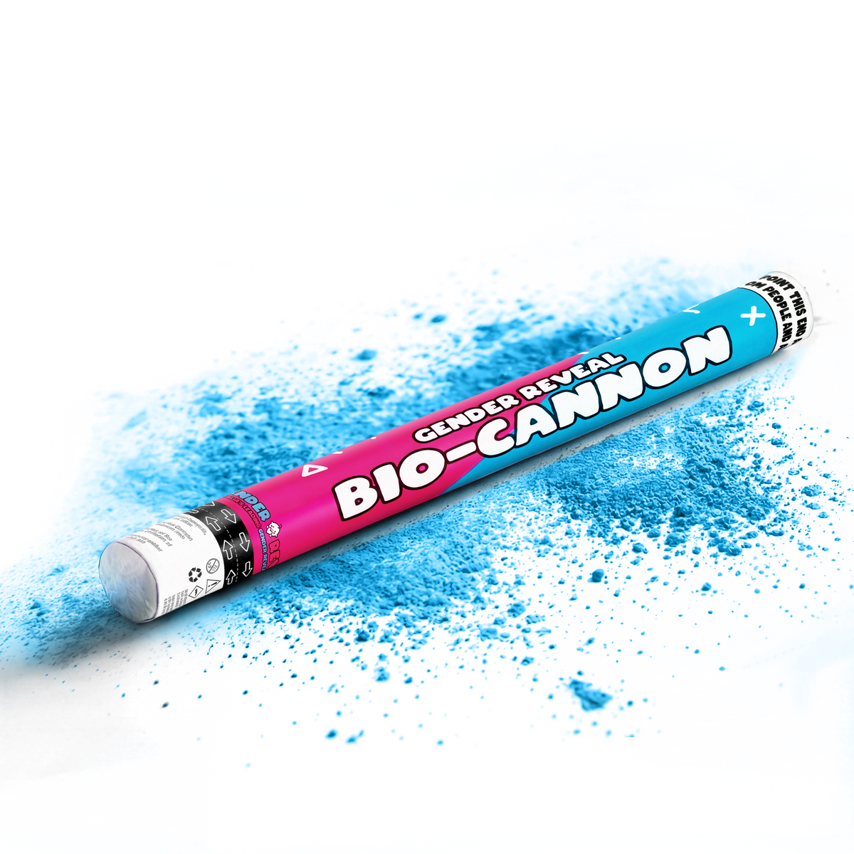 Gender reveal powder cannon releasing blue powder with pink and blue labeled packaging on white background