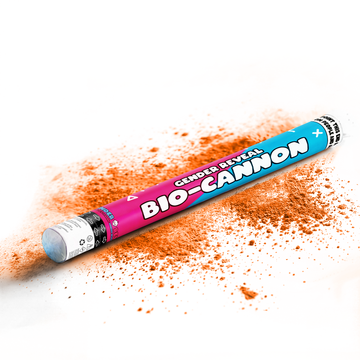 Large gender reveal bio-cannon laying on white surface releasing orange powder for celebration events