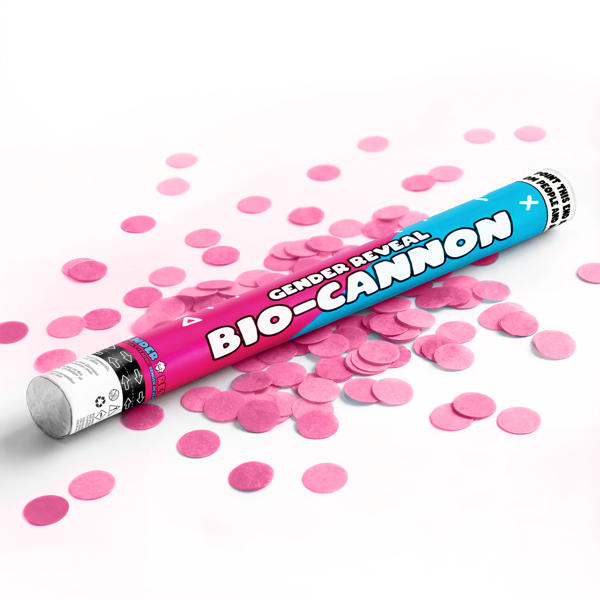 Gender reveal confetti cannon XL releasing pink confetti pieces for gender reveal party celebrations on white background