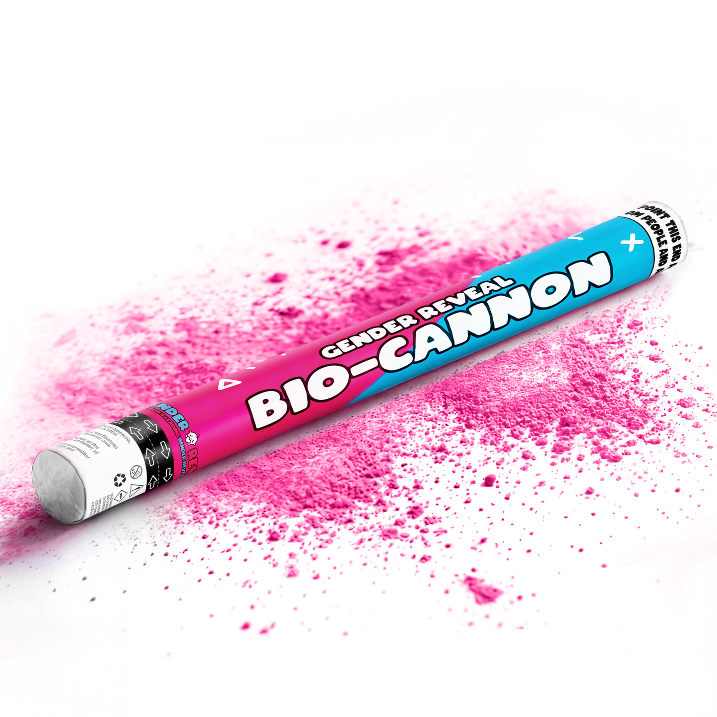 XL Gender Reveal Bio-Cannon releasing vibrant pink powder on white background for gender reveal celebration party