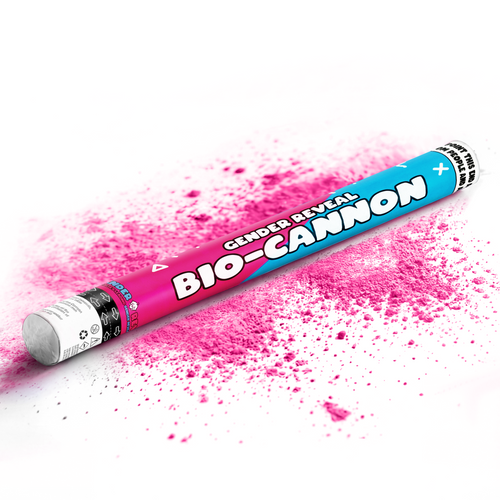 XL Gender Reveal Bio-Cannon releasing vibrant pink powder on white background for gender reveal celebration party