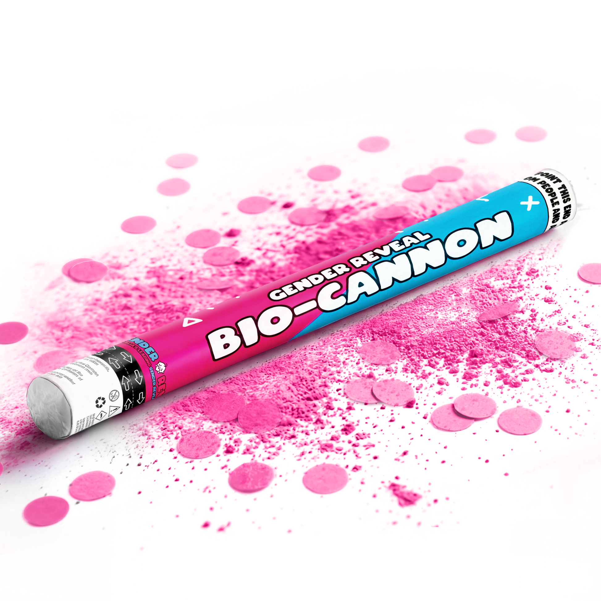 Gender reveal bio-cannon lying on pink powder and confetti for gender reveal party celebrations