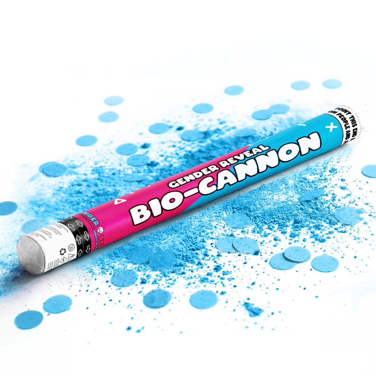 Gender reveal bio-cannon lying on blue powder and confetti for gender reveal party celebrations.