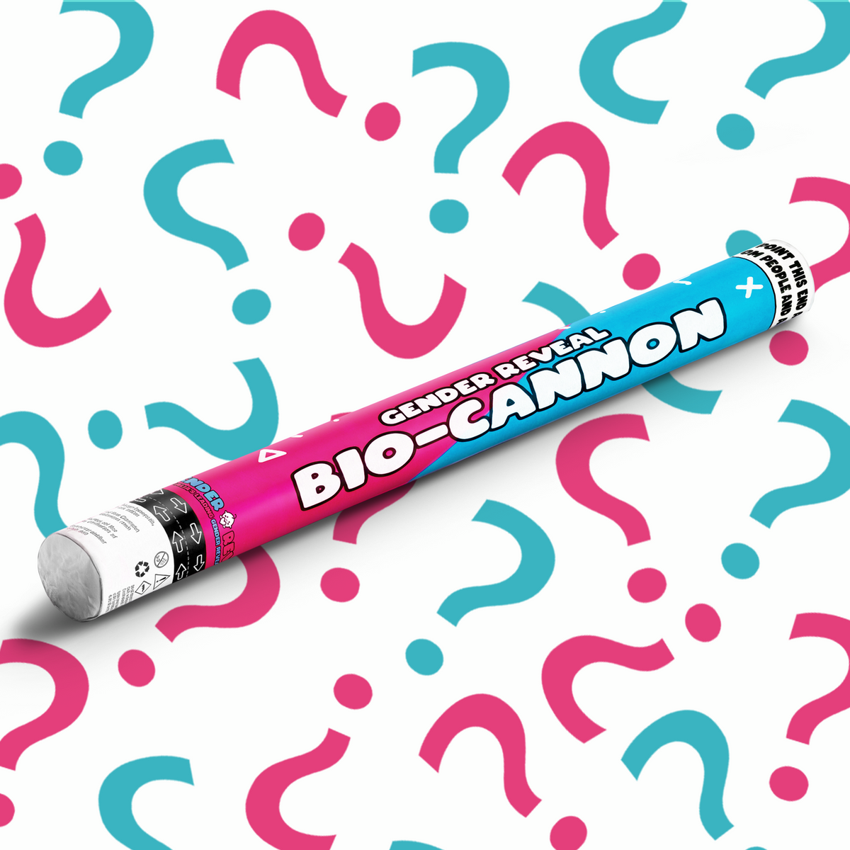 Gender reveal bio-cannon handgun with pink and blue colors on background filled with pink and blue question marks