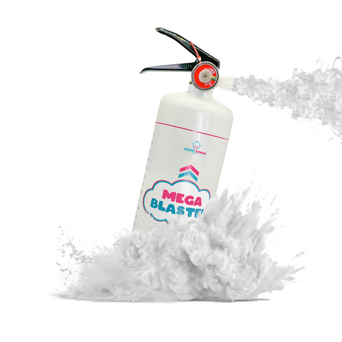 Gender Reveal Extinguisher MEGA Powder Blaster releasing a dramatic cloud of white powder in action.