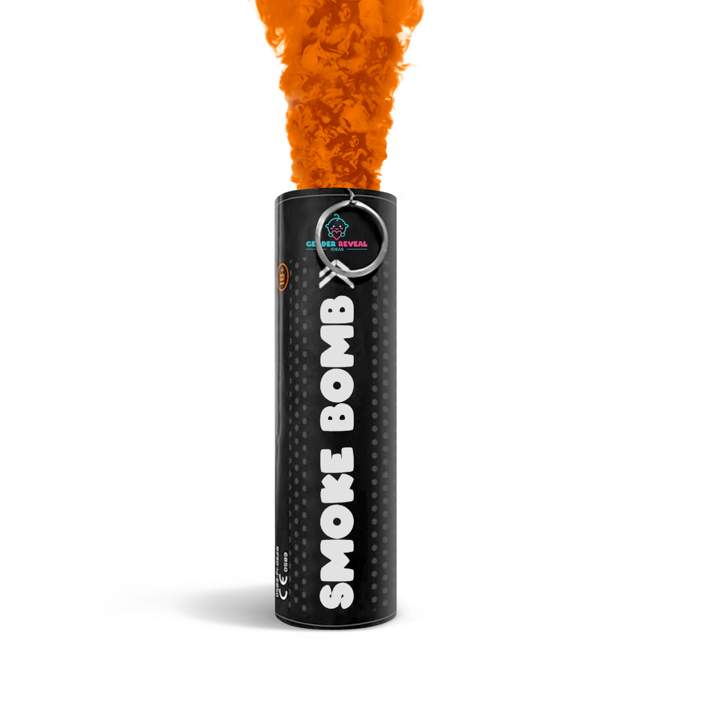 Gender Reveal Smoke Bombs emitting vibrant orange smoke with black casing and self-lighting pull ring for celebrations.