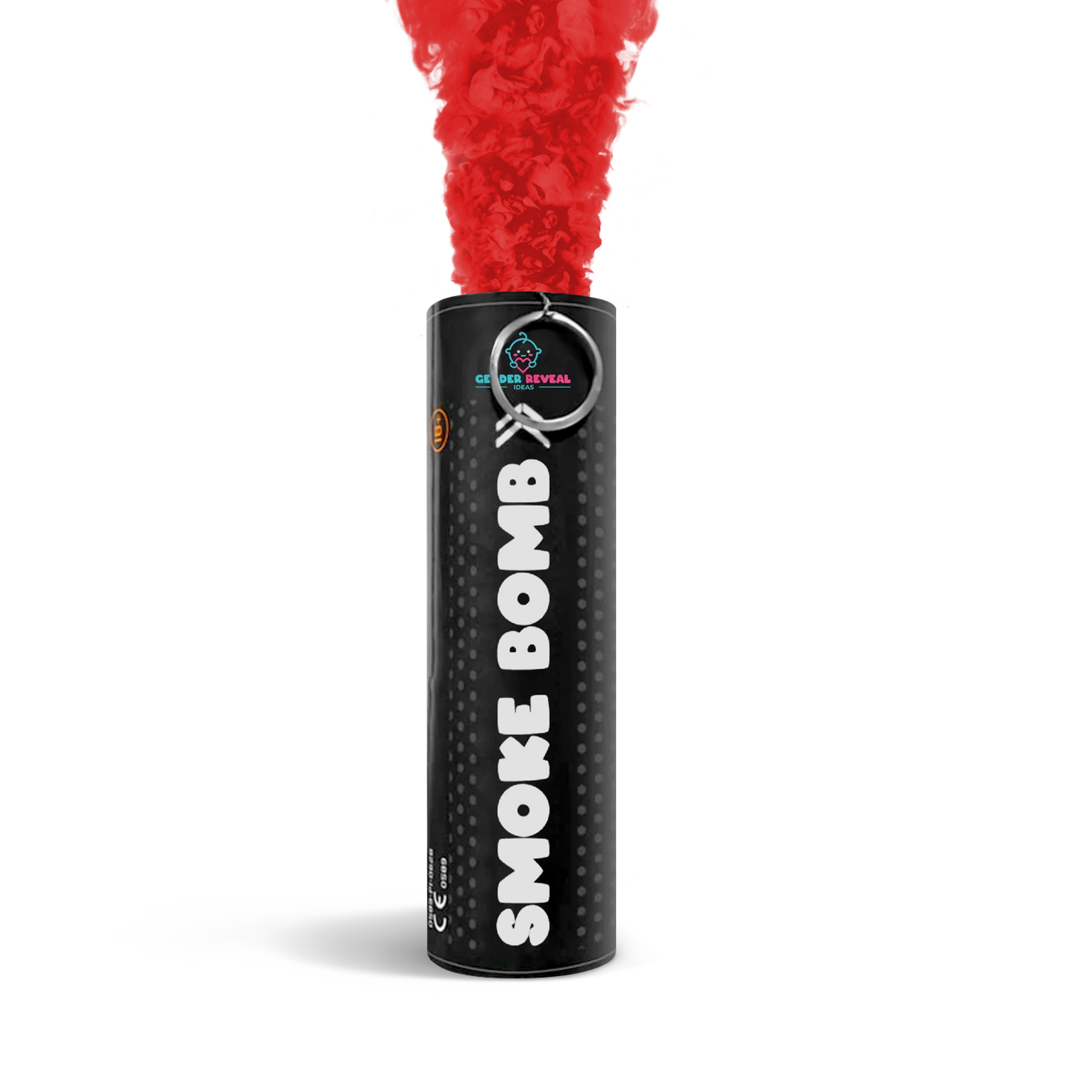 Gender Reveal Smoke Bombs showing vibrant red smoke with self-lighting pull ring on a black canister.