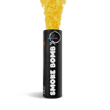 Gender Reveal Smoke Bombs emitting yellow smoke with pull string ignition for effortless gender reveal celebrations.