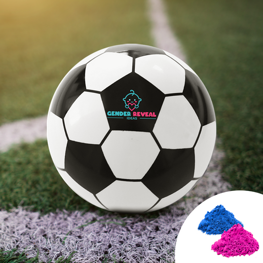 Sports Gender Reveal Soccer Ball featuring classic black and white design on grass field, with inset image showing blue and pink powder packets for the gender reveal surprise. Brand logo visible on ball surface.