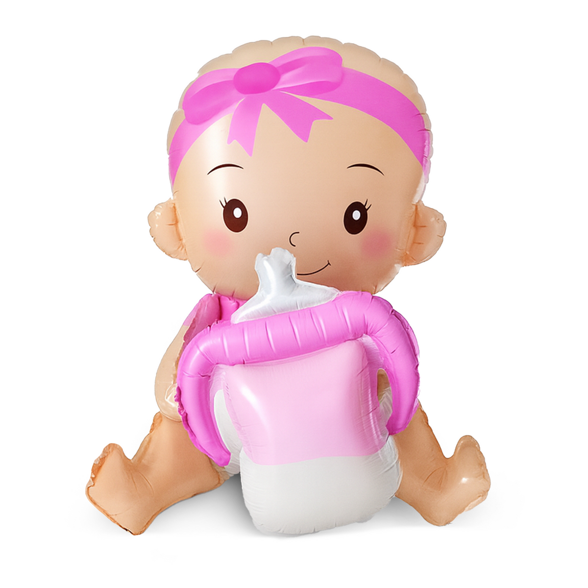 Large baby-shaped foil balloon with pink headband and holding a pink and white baby bottle for celebrations