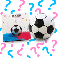 Sports Gender Reveal Soccer Ball shown with product packaging and classic black and white soccer ball design, surrounded by decorative pink and blue question marks, perfect for gender reveal parties and soccer-themed celebrations.