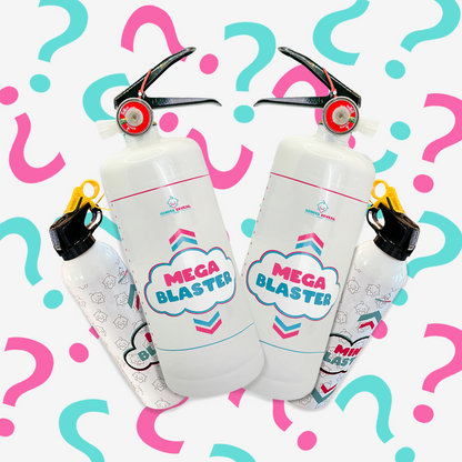 Quad Family Gender Reveal Extinguisher Bundle featuring two large white Mega Blaster powder extinguishers and two mini blasters against a background with pink and turquoise question marks. The extinguishers have colorful logos and black triggers.