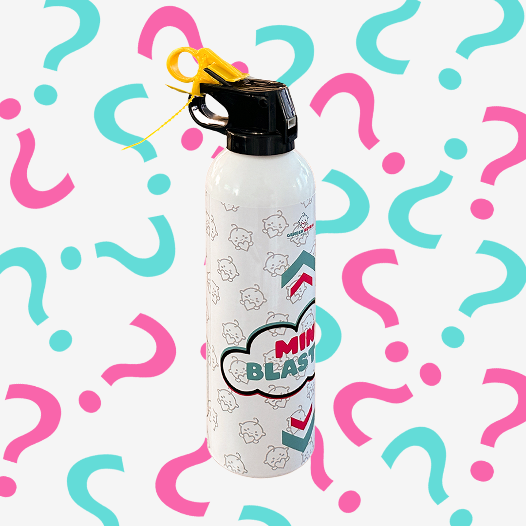 Gender Reveal Powder Extinguisher Mini Blaster shown as a white canister with decorative cloud design and logo, displayed against a playful background of pink and turquoise question marks, featuring a black safety cap and yellow trigger mechanism.