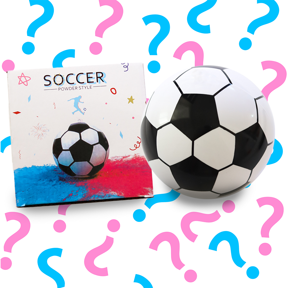 Sports Gender Reveal Soccer Ball displayed with product packaging, featuring a classic black and white soccer ball alongside its colorful box design, surrounded by pink and blue question marks for gender reveal anticipation.